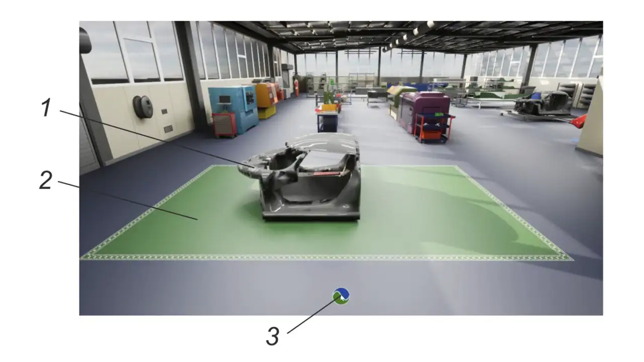 Fig. 2. Interactive 3D scene with part (1) and assembly location (2)